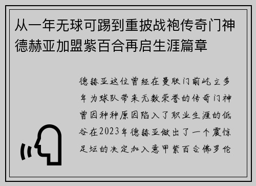 从一年无球可踢到重披战袍传奇门神德赫亚加盟紫百合再启生涯篇章 从一年无球可踢到重披战袍传奇门神德赫亚加盟紫百合再启生涯篇章