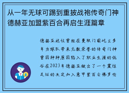 从一年无球可踢到重披战袍传奇门神德赫亚加盟紫百合再启生涯篇章